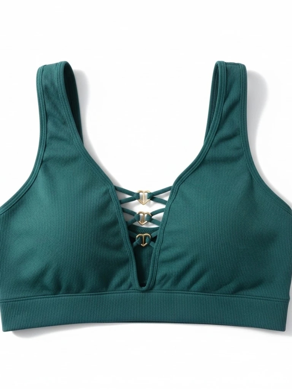 Women's Teal Ribbed Activewear Bralette with Gold Hearts